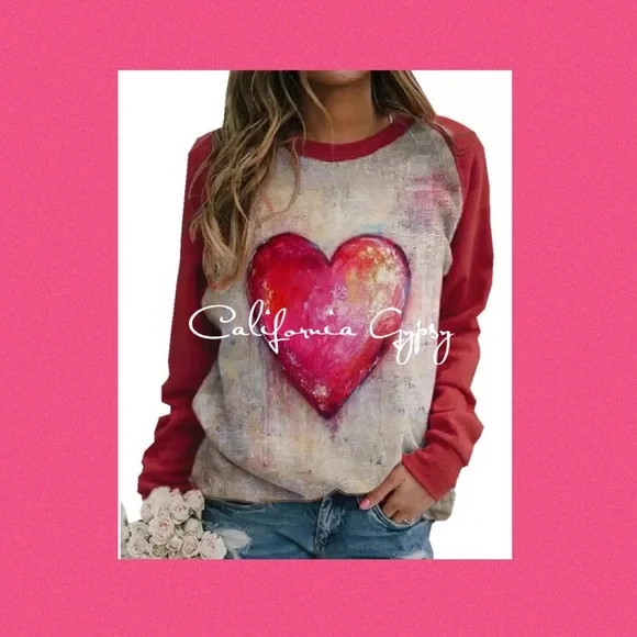 Heart Print Watercolor Sweater Sweatshirt - Picture 2 of 4